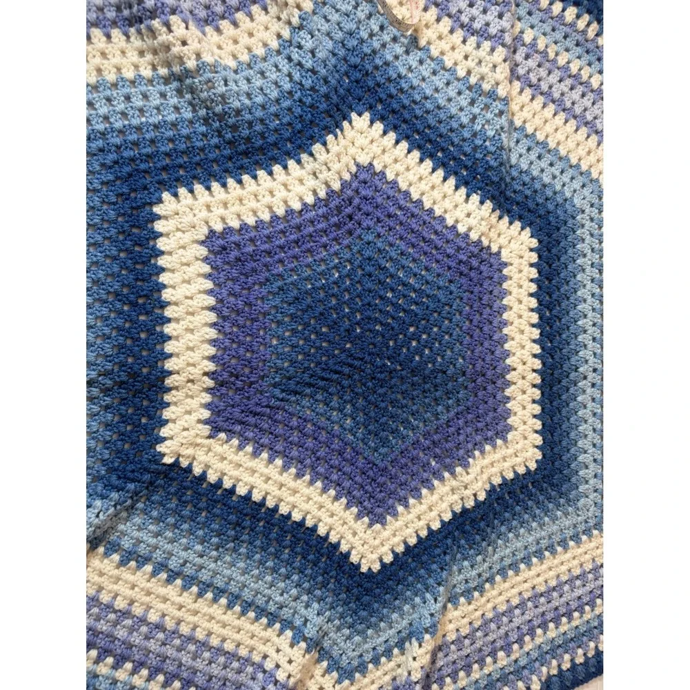 EUC Handmade Crochet Hexagon Blanket Blue Ombre Gradient Throw 34